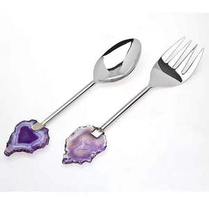 Cuillère de service à salade en acier inoxydable avec manche en pierre d'agate, écologique, tendance américaine, lavable au lave-vaisselle, artisanale, pour la cuisine - Product Image 1