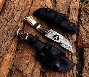 Couteau de chasse à lame fixe de haute qualité Premium Survival Gut hook avec corne naturelle Couteaux à dépecer pour le camping avec étui en cuir - Product Image 2