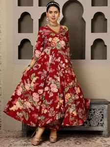 Ensemble de robe Anarkali Kurta en coton marron imprimé, longueur mollet, pour femmes, robe Anarkali en coton imprimé et pantalon avec dupatta - Product Image 3