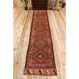 Tapis turc vintage, tapis de couloir 2,7x12,7 pieds, tapis en laine orange brun avec motifs de plantes et d'arbres - Product Image 1