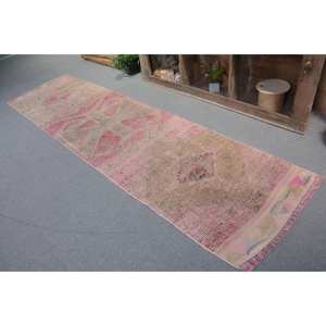 <b>Vintage</b> Turkish <b>Rug</b> 2.7 X 10.4ft Large Area Abstract Pattern Wool Latex Room <b>Rug</b> Pink Beige Patchwork Design for Hallway - Product Image 4