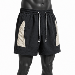 Pantalones cortos de nailon negros para hombre, cintura elástica con cordón, pantalones cortos deportivos informales de verano con bolsillos con cremallera, pantalones cortos de gimnasio con paneles laterales en contraste - Product Image 3