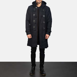 Manteau d'hiver pour homme en laine 100% imperméable, coupe slim, à capuche, doublure matelassée, boutons à pression, fermeture éclair - Noir Drake Duffle - Product Image 3