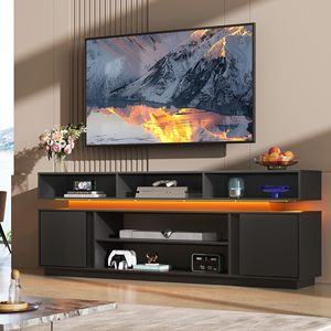 Mobile TV Moderno Nero a Due Livelli con Luci LED, Centro Intrattenimento Sospeso, Console Multimediale per <span class=keywords><strong>Soggiorno</strong></span> - Vendita all'Ingrosso - Product Image 6