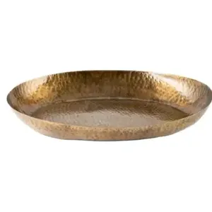 Plateau de service bol en aluminium plaqué argent martelé personnalisé avec base en bois naturel fini pour le service de fruits et dattes - Product Image 3