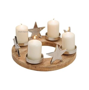 Silver Metal & Glass <b>Tea</b> Light <b>Candle</b> Holder on Mango Wooden Round Base for Home & Christmas Decor Advent Holder - Product Image 2