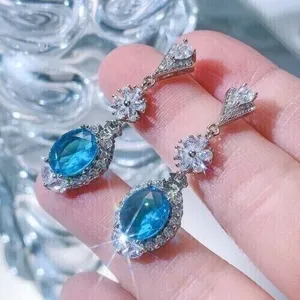 Boucles d'oreilles pendantes en argent 925 de style vintage 3.40 ct coupe ovale Moissanite aigue-marine - Product Image 5