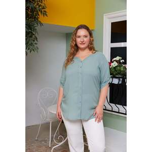 Camisa de Viscosa Voile RMG Talla Grande para Mujer, con Mangas Detalladas, Blusa Verde Menta Cómoda para Uso Diario - Product Image 1