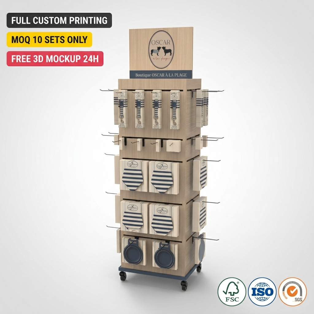 Custom Wooden Display Rack for Pet Supplies Rotating Dog Leash &Collar Display Rack with Brake Casters for Retail Pet Stores