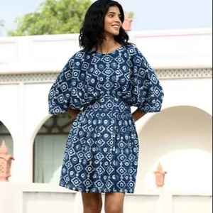 เดรสสั้นผ้าฝ้ายแบบสั้นพิมพ์ลายดอกไม้มีสไตล์สไตล์อินเดียสำหรับเจ้าสาวงานแต่งงานฮันนีมูนสไตล์หวานเอวธรรมชาติ - Product Image 1