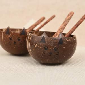 Juego de cuenco y cuchara de cáscara de coco, nuevo estilo único, Cara de gato, cuencos de palma de coco tallados a mano para servir alimentos - Product Image 1