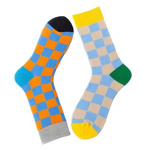 Chaussettes en coton personnalisées en gros, chaussettes d'été antidérapantes jetables, motifs multicolores à motif pied-de-poule, orange et bleu - Product Image 2
