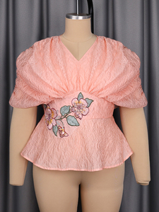 ATP060219 <span class=keywords><strong>Camicetta</strong></span> da Donna Primaverile con Maniche a Fiori Applicati in Jacquard <span class=keywords><strong>Arancione</strong></span> e Rosa - Product Image 2