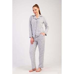 Conjunto de pijama de mujer con cuello entrelazado, totalmente abotonado, con bolsillos y mangas largas - Gris - Product Image 1