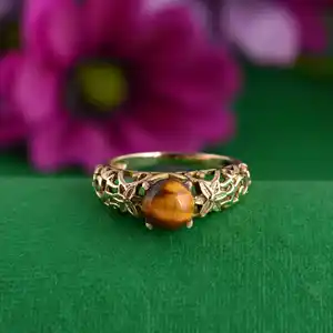 Hot selling Tiger Eye Round shape gemstone 925 Solid Sterling Silver gold Or Rose Gold plated ring for women Fashion Dainty ring
