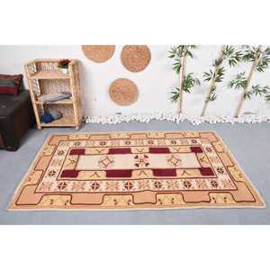 พรมตุรกี ขนาด 4x6.5 ฟุต พรมวินเทจ สีเบจแดงลายดอกไม้ ทำจากขนสัตว์ - Product Image 2