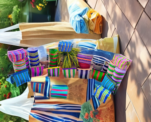 Sacs de plage en nylon recyclé faits à la main du fabricant direct, pochettes réutilisables tissées à motif rayé de style traditionnel indien unique - Product Image 3