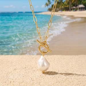 สร้อยคอแฟชั่นแบบโซ่คลิปหนีบกระดาษหลายชั้นพร้อมตัวล็อคไข่มุกบาโรก - Product Image 4