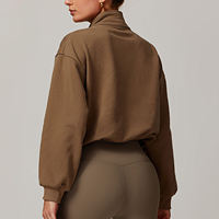 Sweat-shirt court marron pour femme, demi-zip, manches longues, coupe oversize, en polaire, décontracté, Trackstar, OEM, marque privée