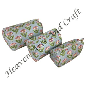 Ensemble 3 Sacs de toilette matelassés à imprimé fleuri Grandes pochettes de maquillage de voyage en toile de coton indien CB005 - Product Image 3