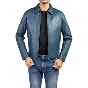 Veste en cuir bleu pour homme sur mesure, cuir véritable, style motard décontracté pour l'exportation, fermeture éclair sur le devant, coupe ajustée, vêtements d'extérieur décontractés, vente en gros - Product Image 2