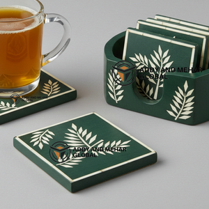 Indian Supplier Offers Handmade Green & <b>White</b> Bone Inlay 3mm Thick Square Luxury <b>Coaster</b> Set with Holder Floral Pattern - Product Image 4