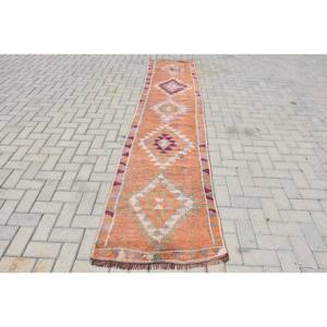 Alfombra Kilim de lana naranja y Beige, alfombra de pasillo rectangular de felpa de tejido plano turco de 2,5x11 pies para sala de estar con diseño de retazos - Product Image 1