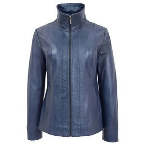 Veste de motard décontractée ajustée en cuir véritable de mouton bleu pour femme avec doublure en coton Vêtement d'extérieur - Product Image 2