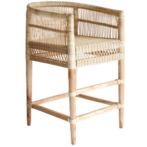 Chaise de bar moderne pas chère avec cadre en teck massif et coussin en rotin synthétique tressé pour hôtel, salle à manger, salon - Product Image 2