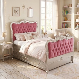 Cama Infantil Estilo Francés con Ruedas, Tapizada, de Madera, con Cajón y Almacenamiento, Cama Rosa para Niña con Cama Nido para Hotel - Product Image 1