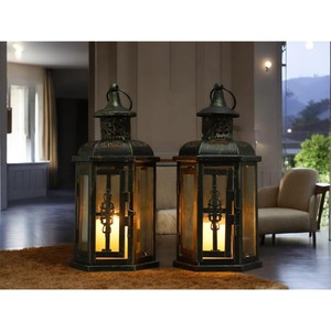 Juego de 2 Faroles de Bronce y Vidrio para Ramadán, Transforman los Espacios Ordinarios en Santuarios de Serenidad y Recuerdo - Product Image 1