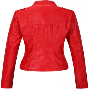 Venta al por mayor de alta calidad de la mujer corta PU Biker Jacket Soft Faux Leather Printed Fabric Stand Collar Cremallera Botones de invierno - Product Image 6