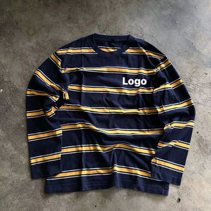 Chemise à manches longues en coton de haute qualité, patchwork rayé bleu et jaune, design décontracté confortable, logo personnalisé pour hommes - Product Image 1