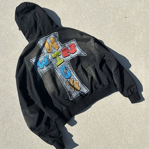 Sudadera con Capucha para Hombre, Diseño Personalizado OEM, Moderna, con Cuentas de Cristal, Lavada, Estilo Vintage, 100% Algodón, para Invierno - Product Image 4