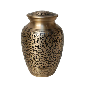 Urnas antiguas de cremación para mascotas, diseño grabado de hoja negra dorada para mascotas y cenizas humanas, urna de latón de 7" - Product Image 1