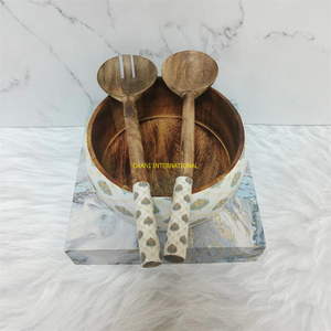 Bol à riz en bois fait à la main avec motif blanc et baguettes bol de service à salade de soupe décoratif pour la cuisine et la salle à manger - Product Image 2