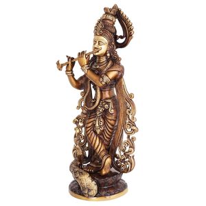 Polished Brass <strong>Krishna</strong> Murti Statue Handcrafted Figurine for Gift &amp; Temple Decor with Gravure Printing - Product Image 2