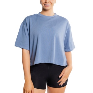 Top Corto de Alta Calidad, 210 g/m², 100% Algodón, Corte Holgado, Color Sólido, Manga Corta, Cuello Redondo, para Mujer - Product Image 1