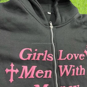 Sweat à capuche d'hiver en coton 100% avec impression en relief et broderie 3D, fermeture éclair, lavage à la pierre, haute qualité, noir pour hommes, vente en gros - Product Image 3