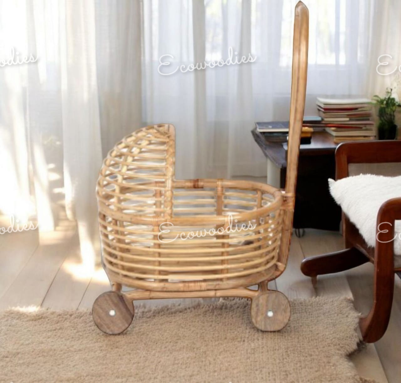 Poussette De Poupée Ancienne Bambou Rotin, Début 1900, Excellent état