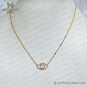 Pavé Diamant 14k Or Evil Eye Pendentif Collier Naturel Arc-En-Lune Pierre Bijoux À La Main Chaîne Collier Nouveau Design - Product Image 2