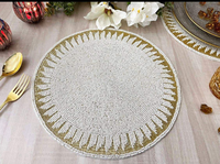 Napperon rond de luxe en coton brodé et perlé fait main, aspect riche, or, décoration décorative pour la maison, pièce maîtresse, Glowin Fashion