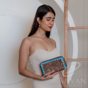 กระเป๋าสตางค์หนังวัวมีซิปสำหรับผู้หญิง, กระเป๋าใส่บัตรกระเป๋าคลัทช์หนังวัวเทอร์คอยส์ - Product Image 1