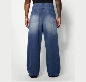 Pakistán hizo 100% algodón hombres recto Jean pantalón transpirable bordado parche suelto holgado calle cintura elástica Denim plano - Product Image 6