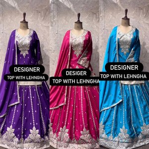 Fil complexe en soie de Chinon de meilleure qualité avec haut de travail de broderie de séquence avec travail de séquence de soie Lehenga et Chinon Dupatta - Product Image 5