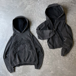 Sudadera con capucha de lana de gran tamaño con lavado ácido 500 Gsm Vintage Unisex, parche bordado con cremallera de felpa alta personalizado, trabajo desgastado 100% algodón - Product Image 6