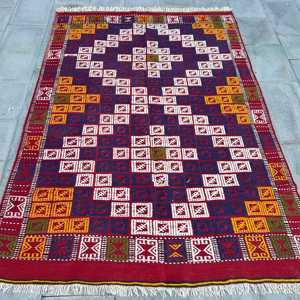 พรมคิลิมวินเทจขนาด 5x7.1 ฟุต สีแดง พรมขนสัตว์เปอร์เซียตุรกี - Product Image 1