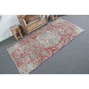 Vintage Rug 3.1x6.4 ft, <b>Red</b> Blue Solid <b>Wool</b> Turkish Rug - Product Image 2