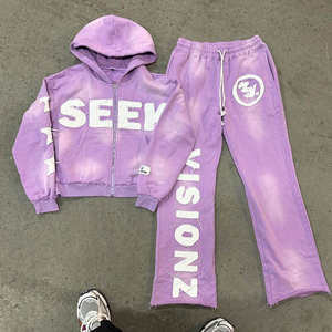 Pantalon de survêtement évasé en coton deux pièces personnalisé ensemble de sweat à capuche surdimensionné à l'acide lavage rue survêtement imprimé brodé Applique Patch - Product Image 3