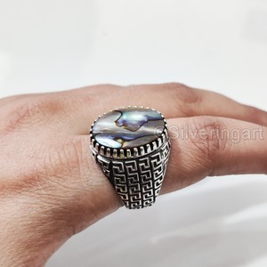 Bague en argent sterling 925 pour homme, avec coquille d'ormeau naturelle et pierre de naissance, toutes tailles, cadeau d'anniversaire arabe, vente en gros - Product Image 3